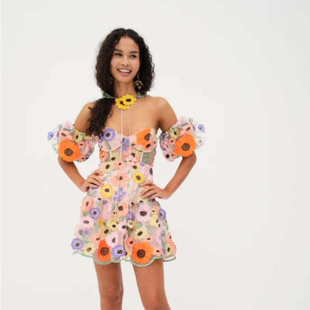 NWT For Love & Lemons Prato Flower Floral Appliqué Mini Dress - Picture 2 of 13